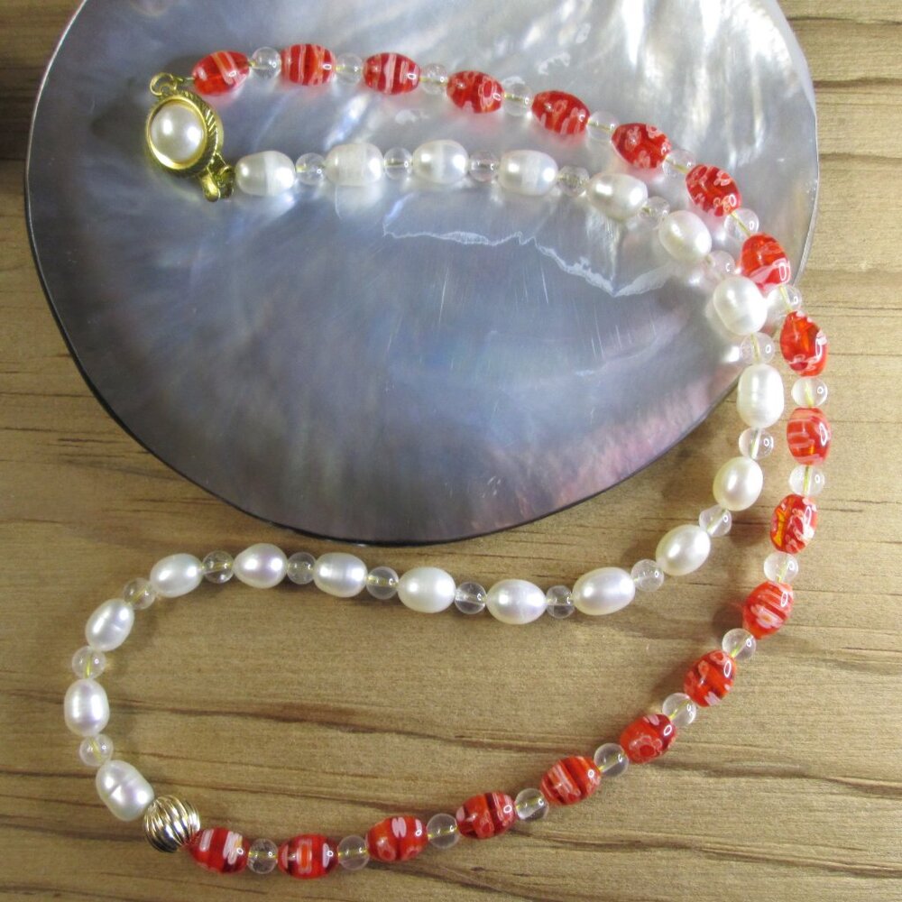 Freshwater Pearl and Red Millefiori with White Topaz Half and Half Necklace